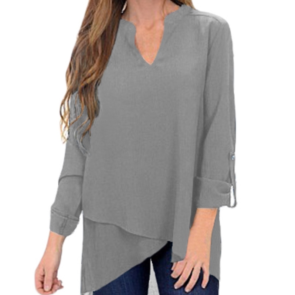 Abigail Asymmetric Hemline Roll Tab Sleeve Blouse